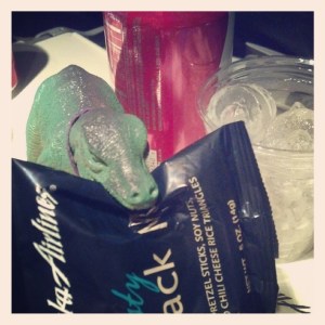 Time to go home! On the flight home, T-Jag enjoyed some snacks courtesy of Alaska Airlines. 